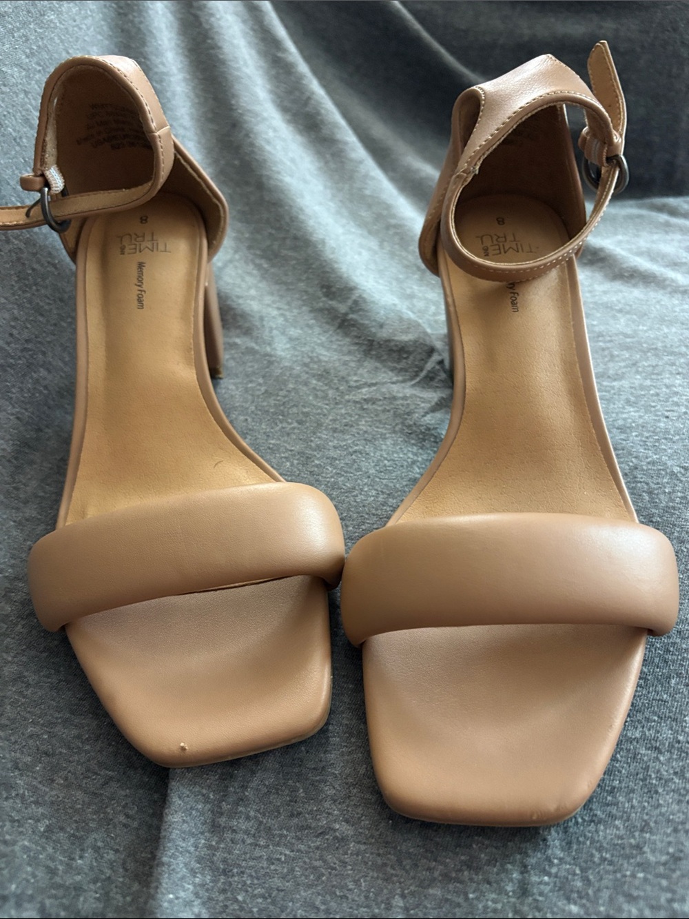 Time and Tru Nude-Tan Ankle Strap Block Heel Sandals